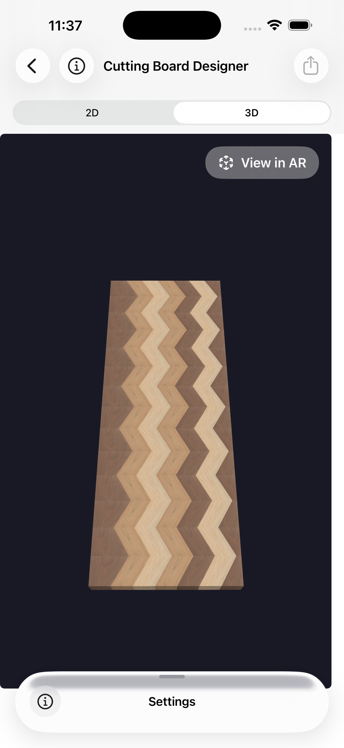 Rotatable 3D end-grain cutting board render with View in AR button