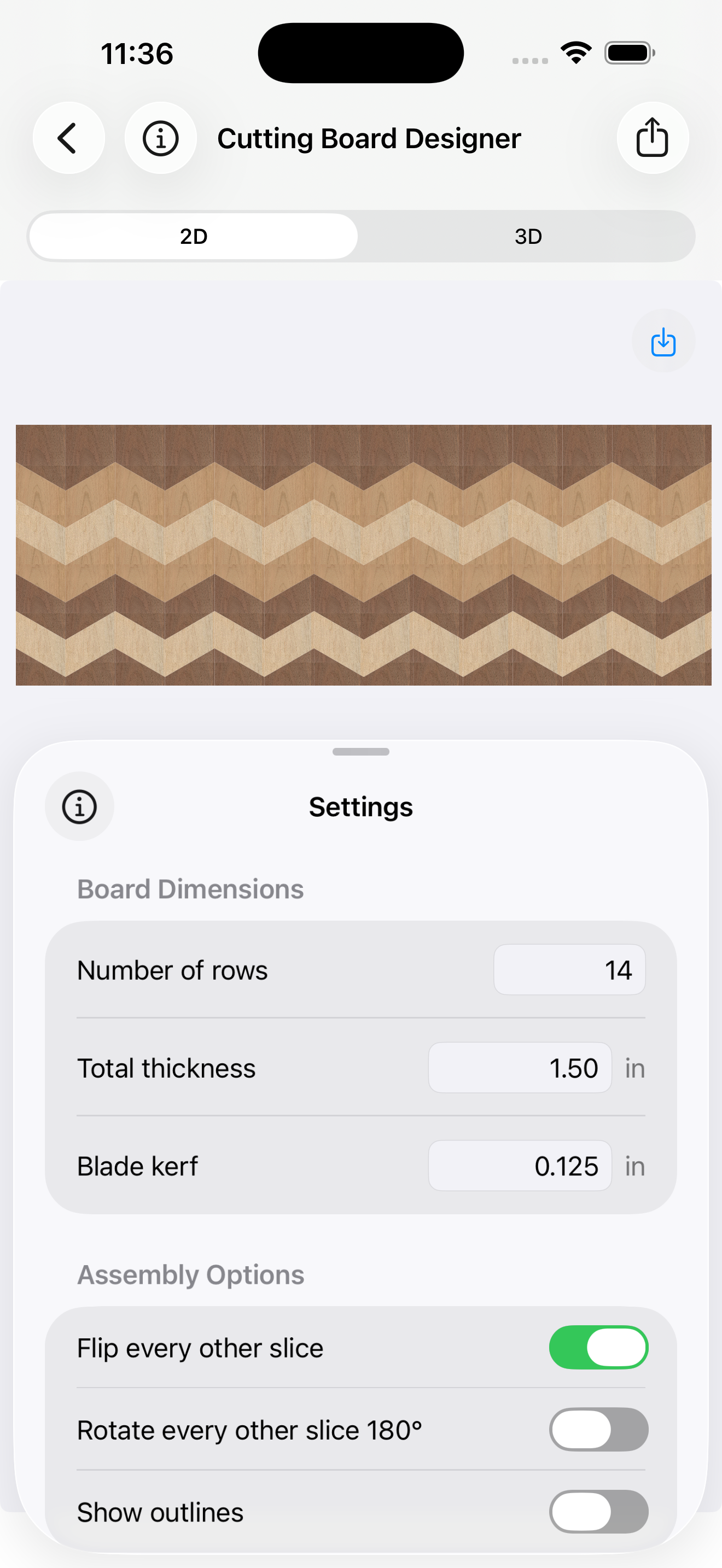 Cutting Board Designer 2D layer editor with herringbone pattern and settings panel