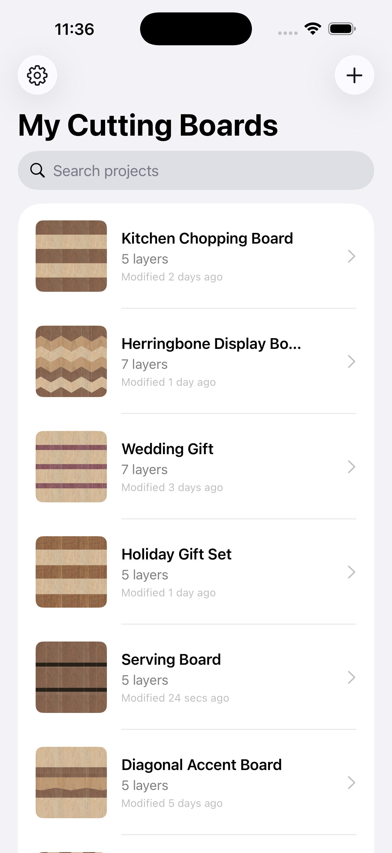 Cutting Board Designer project library on iPhone, showing a grid of finished cutting board designs
