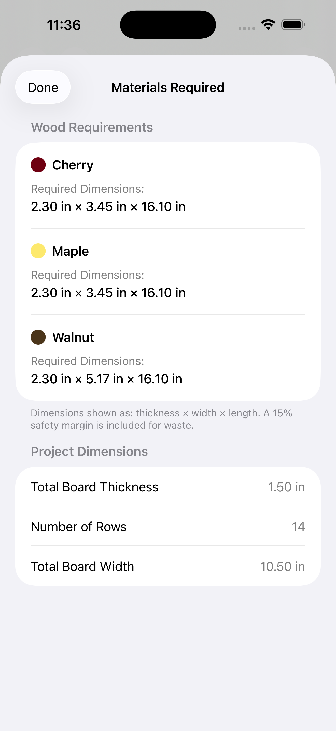 Materials Required screen listing per-species dimensions, total board thickness, and slice count